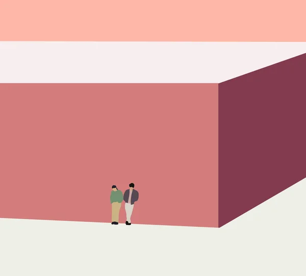 Мужчина Женщина Стоят Напротив Розового Здания Кирпичной Стены Улице Дневное — стоковое фото