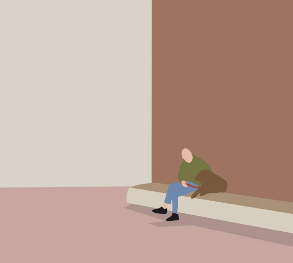 Şehir Caddesinde Köpekle Oturan Adam Sahibinin Yanında Yerde Oturan Komik — Stok fotoğraf
