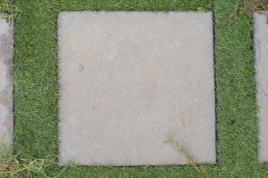 Yeşil çimen arka planlı metin için beton tuğla ya da fayans dokusu boşlukları. Ön ya da arka bahçe tasarımı ve mermer döşeme.