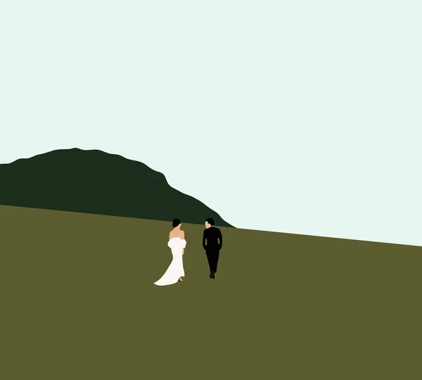 結婚式のカップル山の上を歩く 美しい花嫁とスタイリッシュな新郎 愛と幸福の概念 — ストック写真
