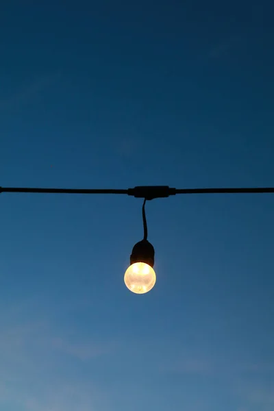 Light Bulb Hanging Black Wires Twilight Garden Violet Sky Street — Stock Photo, Image