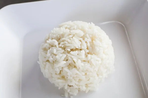 Reis Thai Jasminreis Auf Weißem Teller Mit Kopierplatz Für Ihren — Stockfoto