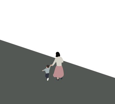 Anne çocuklarıyla el ele tutuşup eski şehir caddesinde yürüyor. Aile kavramı.