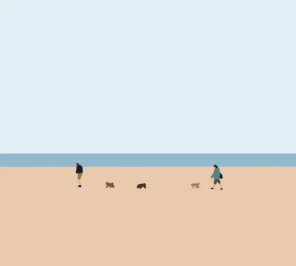 男人和女人在低潮的海滩上和狗玩耍 享受暑假 与宠物为伴的乐趣 夏季工作概念 — 图库照片