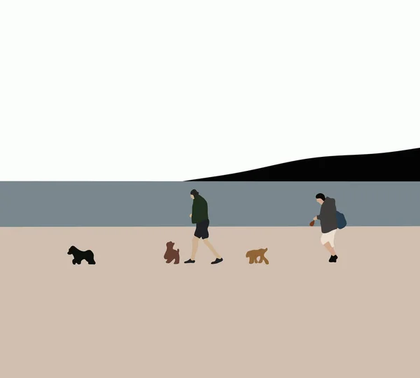 干潮時には浜で犬と遊ぶ男女 ペットと楽しい夏休みの休暇をお楽しみください 夏のコンセプト — ストック写真
