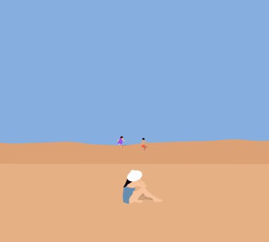 Anne, kumsalın yakınındaki kumda oynayan çocuğu görüyor. Aile yaz tatili. Anneler Günü. Çocuk günü. Keyif ve tatil konsepti.