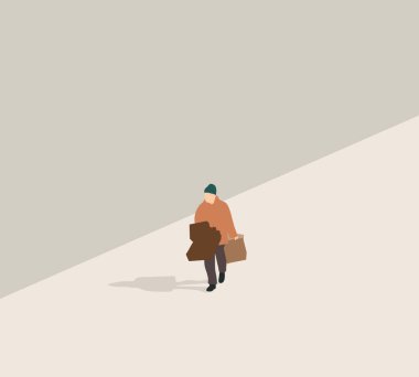 Kahverengi ceketli, ağır kutulu ve alışveriş çantalı bir adam sokaklarda yürüyor. İnsan yaşam tarzı.