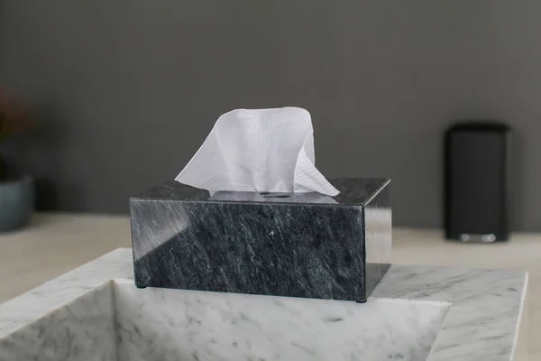 Black marble tissue box with white paper tissues. Loft style bathroom interior with modern sink.
