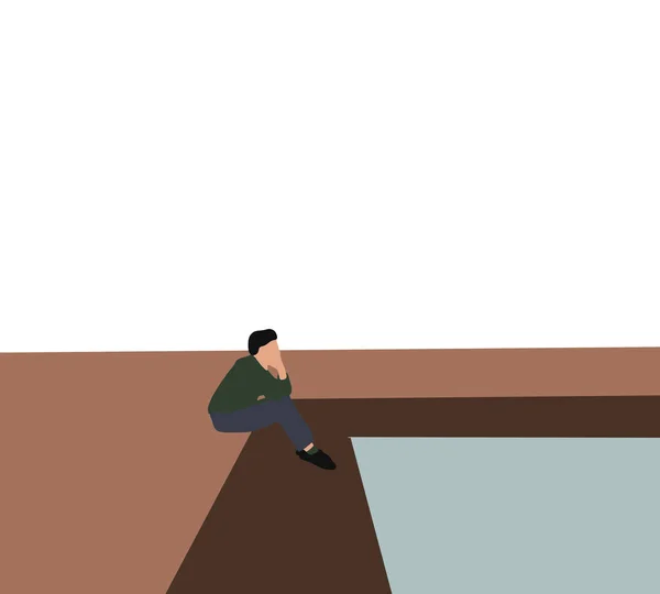 Man Zit Eenzaam Kijkend Naar Meer Met Een Ontspannen Stemming — Stockfoto