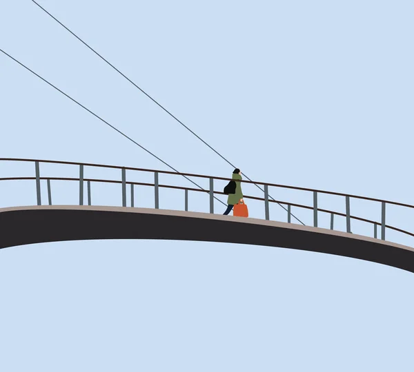Turuncu Alışveriş Çantalı Bir Kadın Gökyüzünün Arka Planında Köprüde Yürüyor — Stok fotoğraf