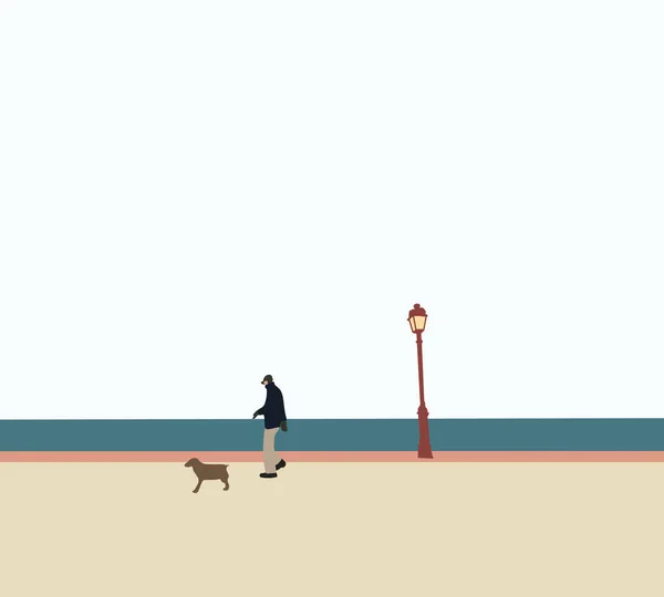 Чоловік Гуляє Собакою Парку Біля Річки Сонячний Осінній День Сім — стокове фото