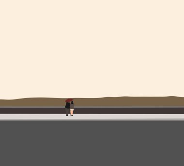 Çiftin şemsiye altında doğal göl ve dağ manzarasının tadını çıkarırken, dışarıda eğlenirken ve kahkahalar atarken..