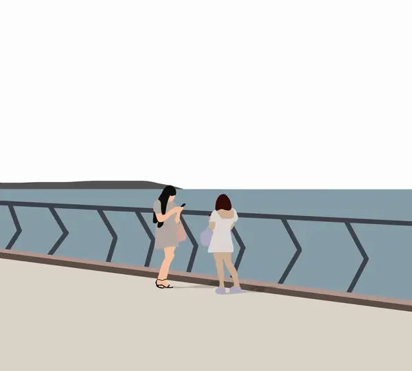 Kvinnliga Vänner Använder Smart Telefon Urban Gångbro Över Floden Njuter — Stockfoto
