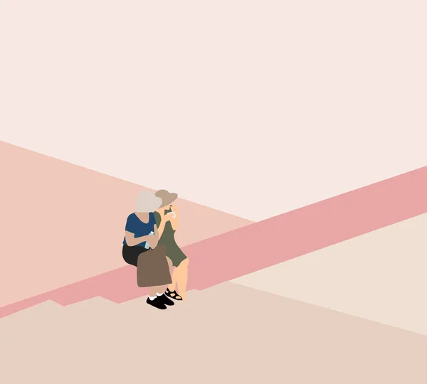 2人の女性が街の商店街の階段に腰を下ろして買い物袋を抱えている 友人アウトドアファッション ピンクの背景 — ストック写真
