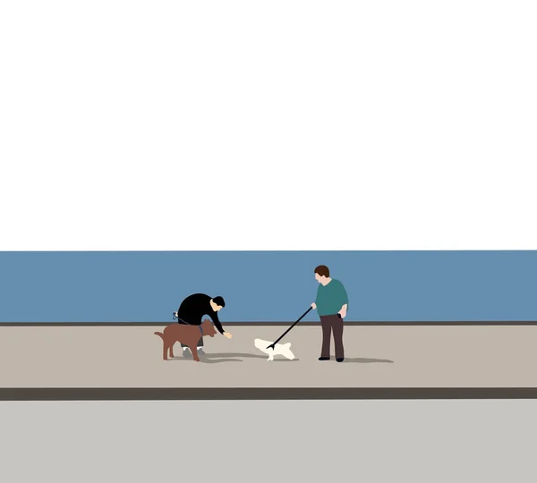 川の近くの通りで週末を楽しむ犬と一緒に歩く 晴れた日には オスとメスがペット犬と散歩をします — ストック写真