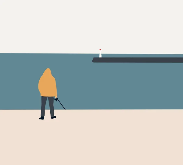 湖の朝の光の中で桟橋に立って釣竿を持つ男 漁師だ 休暇の概念 — ストック写真