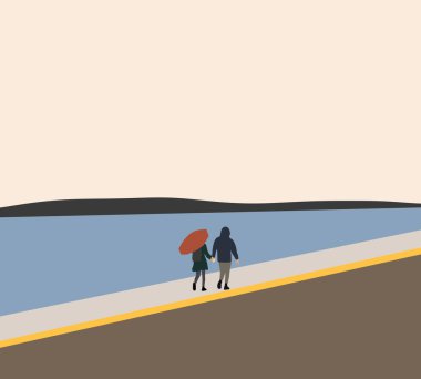 Tatil sırasında nehrin yanında şemsiyeyle yürüyen bir çift. Birlikte eğlencenin tadını çıkarın. Açık havada aşk hikayesi