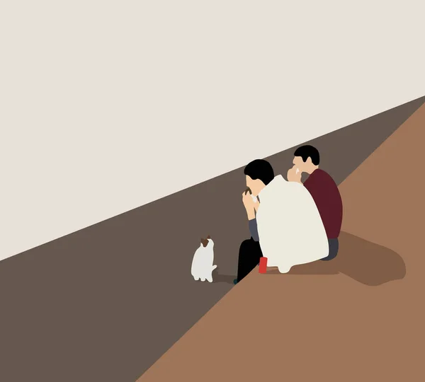 Dwóch Mężczyzn Jedzenie Kot Nich Patrzy Przyjazny Zwierzętom Relaks Ulicy — Zdjęcie stockowe