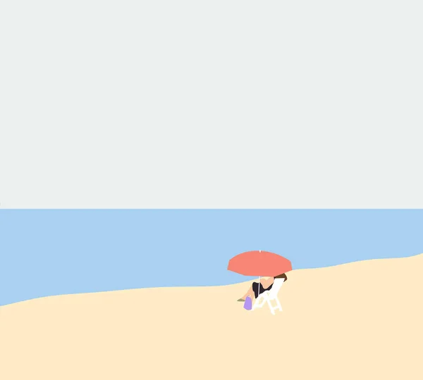 휴가를 보내는 해변에 여성은 분홍빛 우산을 의자에 아래서 휴식을 취한다 — 스톡 사진