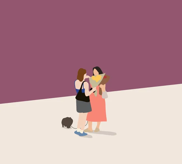 Дві Жінки Тримають Букет Квітів Йдуть Своєю Собакою Вулиці Друзі — стокове фото