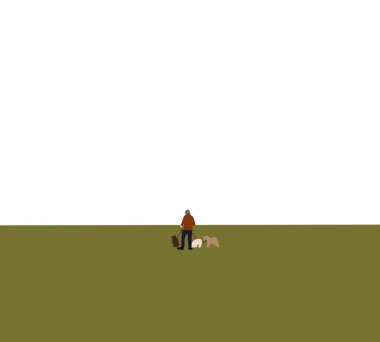 Sonbahar havasında köpekleri olan yaşlı bir adam. Sevgi ve bakım konsepti. İnsanlarla köpek bağlantısı. Alternatif terapi