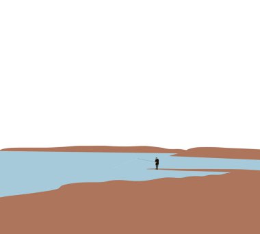 Sahilde balık tutan bir adam. Güzel minimalist konsept. Hobi yaparken dinleniyorum. Açık havada yaz tatili, boş zaman.