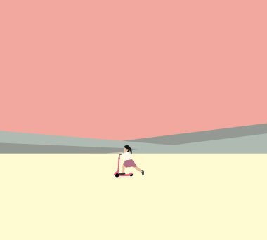 Kız yolda scooter sürmekten zevk alıyor. Mutlu çocuk yarışçıları eğleniyor. Aktif çocuk oyunları, çocuklar sağlıklı yaşam tarzı konsepti.