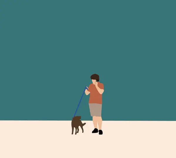 Чоловік Розмовляє Мобільному Телефону Тримає Собаку Повідку Міській Вулиці Розважаючись — стокове фото