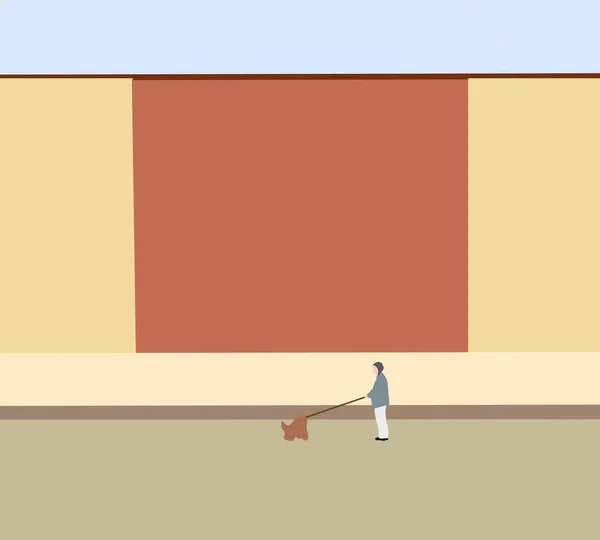 Yaşlı Kadın Köpekle Birlikte Turuncu Duvar Arka Planına Sahip Caddede — Stok fotoğraf
