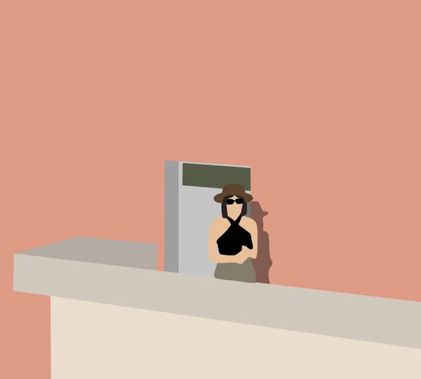 Mujer Tela Moda Con Sombrero Pie Mirando Ciudad Desde Balcón — Foto de Stock