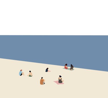 İnsanlar tatil boyunca beyaz kumsalda oturup dinleniyorlar. Seyahat eğlence konsepti. Mavi okyanus manzaralı arka plan.