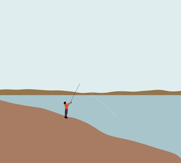 Boy is fishing with a fishing rod on river. Hobbies and leisure. Happy childhood. summer holidays and people concept