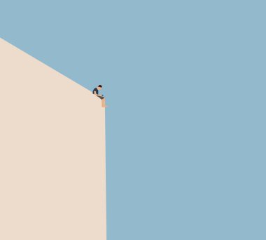 Şehir Gökyüzü 'nde akıllı telefonlu bir adam binanın kenarında oturuyor. Asgari Modern Yaşam Tarzı