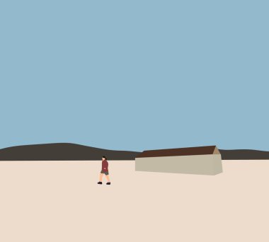 Yeşil vadilerde kulübesi ve mavi gökyüzünün altında kayalık dağları olan bir adam dağda yürüyor. Sırt çantası gezgini.