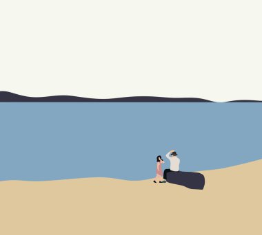 Büyükbabam kumsalda torunuyla taş üstünde oynuyor. Rahatla ve tropikal yaz tatilinin tadını çıkar..