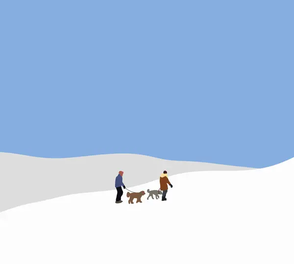 Man hiking with his dog on trekking in winter mountains. Winter holiday vacation. Active people with pet.