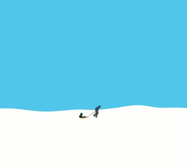 Kar dağında kayak tahtasında oturan bir baba çocuğu çeker. Aile kışın dışarıda oynuyor. Birlikte vakit geçirin. Spor eğlencesi bedava yolculuk.