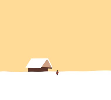 Kırsal kesimde, kereste evinde kar altında duran kırmızı gömlekli bir kadın. Küçük modern kamaralar dinlenmek ve doğaya kaçmak için..