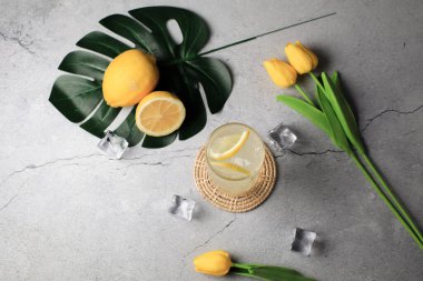 Limonata ya da buzlu alkollü kokteyl. Taze, sağlıklı, soğuk limon suyu. Yaz kokteyli.