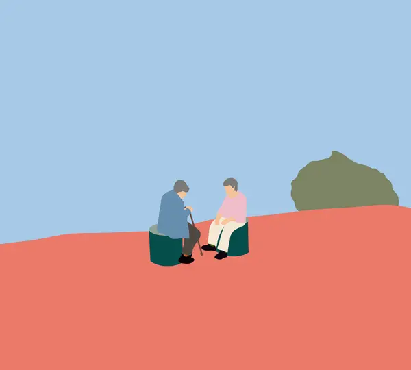 Two old woman sitting and talking in public park. Mature friends spending time together. Relationship and people concept.
