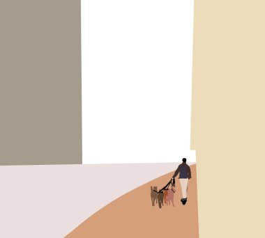 Elektrikli scooter kullanan bir adam köpekle şehir caddesinde geziyor. Tatil tatili. Köpeğiyle dışarıda vakit geçiriyor..