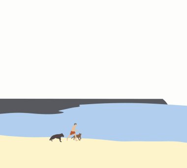 Yaşlı adam tatil sırasında köpekle plajda koşuyor. Evcil hayvan dostu gezi ve açık hava macera yaşam tarzı.