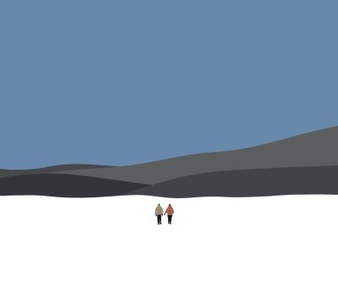 Kar dağında yürüyen ve gece gökyüzüne bakan iki adam. İnsanlar dışarıda faaliyet gösteriyor. Seyahat ve dağcılık sporu.