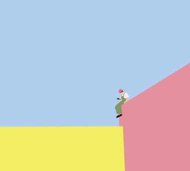 Tek başına oturan bir adam, cep telefonu dairenin kenarında ve binalar şehrin manzarasının keyfini çıkarıyor..