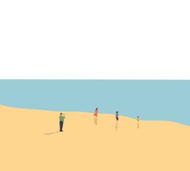 Büyükbabam sahilde oynayan torun ve ailenin fotoğrafını çekiyor. Yaz tatilinde mutlu bir aile. Yaşam tarzının tadını çıkar..