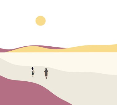 Halka açık parkta arka planda pembe bir dağla yürüyen iki kadın sakin doğanın ve yalnızlığın tadını çıkarıyorlar. Tatil sırasında sağlıklı yaşam tarzı.