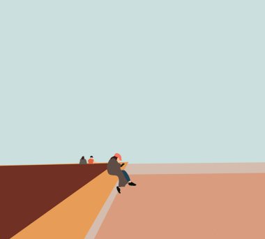 Pembe şapkalı bir kadın binanın çatısında oturmuş akıllı telefon konuşmaları yapıyor. Tatilde yaşam tarzı.