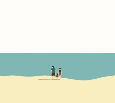 Aile yaz tatilinde sahilde dururken el ele tutuşup manzaranın tadını çıkarıyor. Mutlu aile seyahatleri ve tatiller.