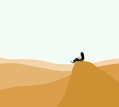 En tepedeki dağda oturan ve akıllı telefon oynayan bir kadın ekrana bakıyor, mesaj atıyor ve doğada uygulamalı sohbet mesajları yolluyor. Yaratıcılık minimalist kavramı