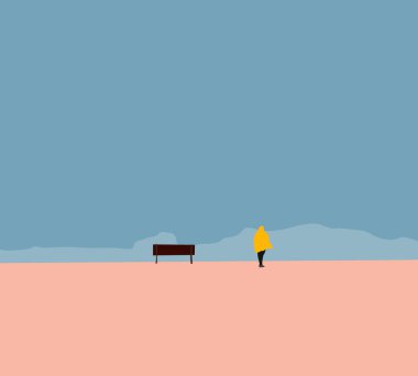 Sarı yağmurluklu bir adam ahşap bankta dikilip bulutlara ve mavi gökyüzüne bakıyor. Taze ve rahat doğada.